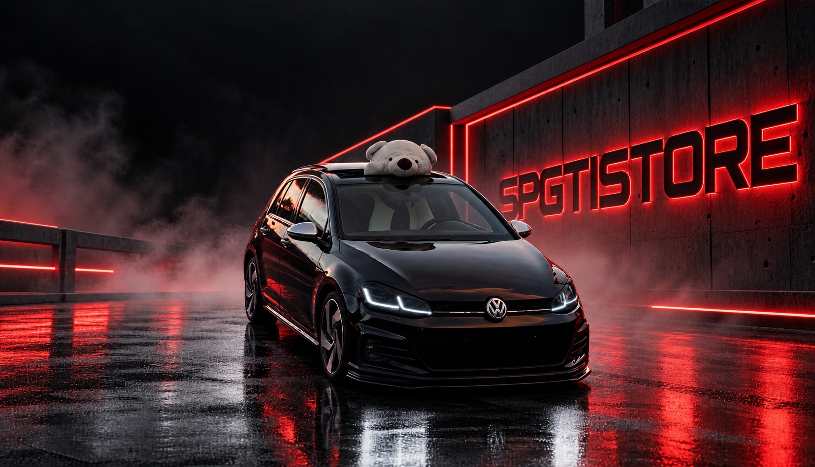 Black Volkswagen Golf GTI with a teddy bear on the roof, parked on wet ground in front of a red SPGTISTORE neon sign